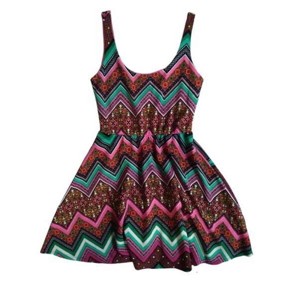 Blue Rain Colorful Chevron Pattern Fit and Flare Mini Length Dress Women's Small - Picture 1 of 12